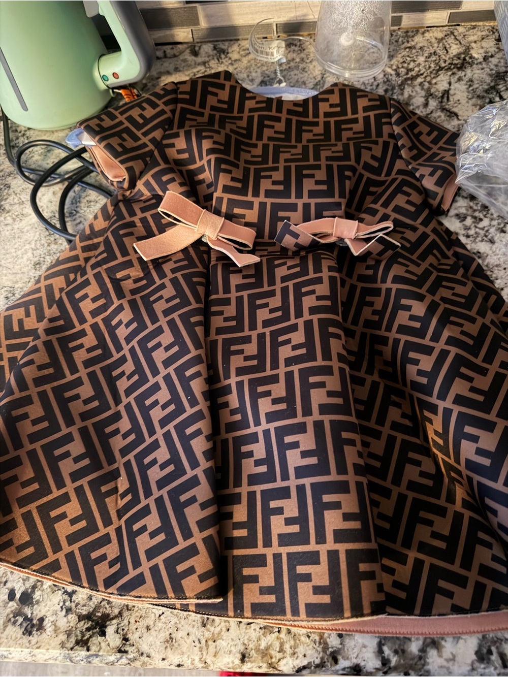 Fendi Girls Brown and Black FF Logo Dress with Bow Accents